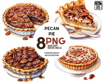 Watercolor Pecan Pie Clipart: 8 quality PNGs, 300 DPI - Ideal for Recipe Book, Digital Journal, Commercial Use, Digital download