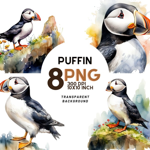 Puffin Bird Watercolor Clipart: 8 Exquisite PNGs for Scrapbooking, Digital Journals, and Printables - Instant Download with Commercial Use