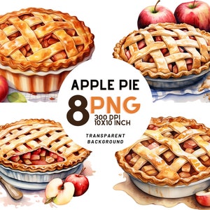 Clipart de torta de maçã em aquarela: 8 PNGs de alta qualidade para projetos digitais e uso comercial - download instantâneo
