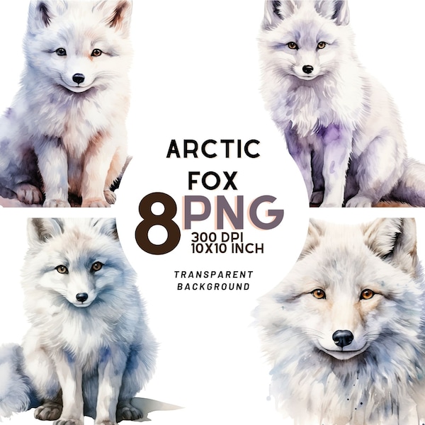 Arctic Fox Watercolor Clipart Set: 8 PNG 300 DPI - Ideal for art wall, nursery decor, scrapbooking - Commercial use - Instant download