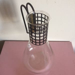 Mid Century Pyrex Carafe with Cork Stopper, Mesh Collar and Metal Handle