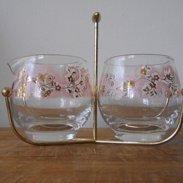 Retro Libbey Pink and Gold Glass Creamer and Sugar Set with Gold Metal Holder