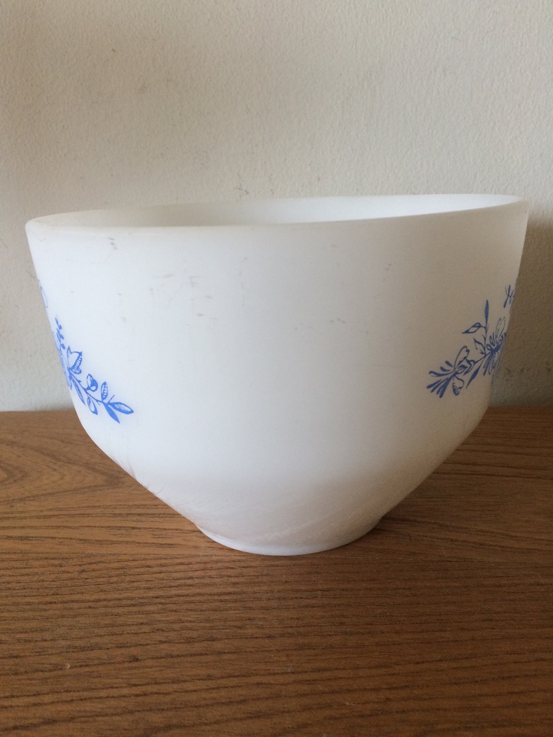 Vintage Fire King Milk Glass Pedestal Bowl With Blue Flowers Etsy