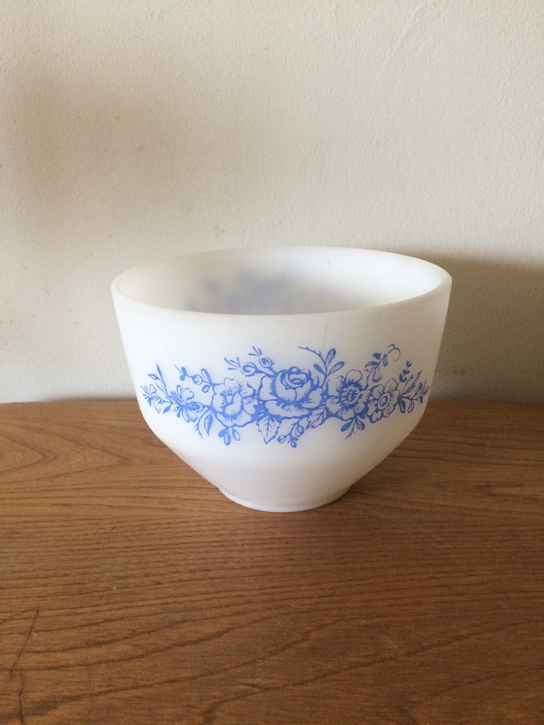 Vintage Fire King Milk Glass Pedestal Bowl With Blue Flowers Etsy