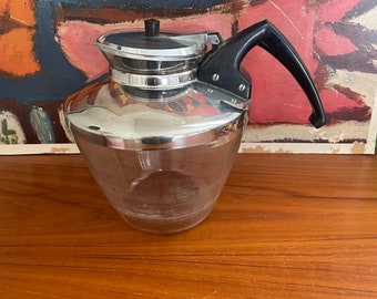 Mid Century Modern Pyrex Teakoe Teapot with Metal Basket