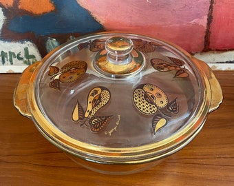 Mid Century Modern Georges Fire King Golden Fruits Glass Casserole