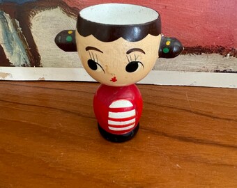 Vintage Japan Wood Girl Egg Cup