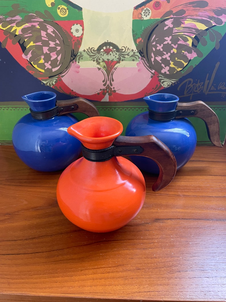 Vintage Mid Century Modern Blue Carafe With Wooden Handle Etsy