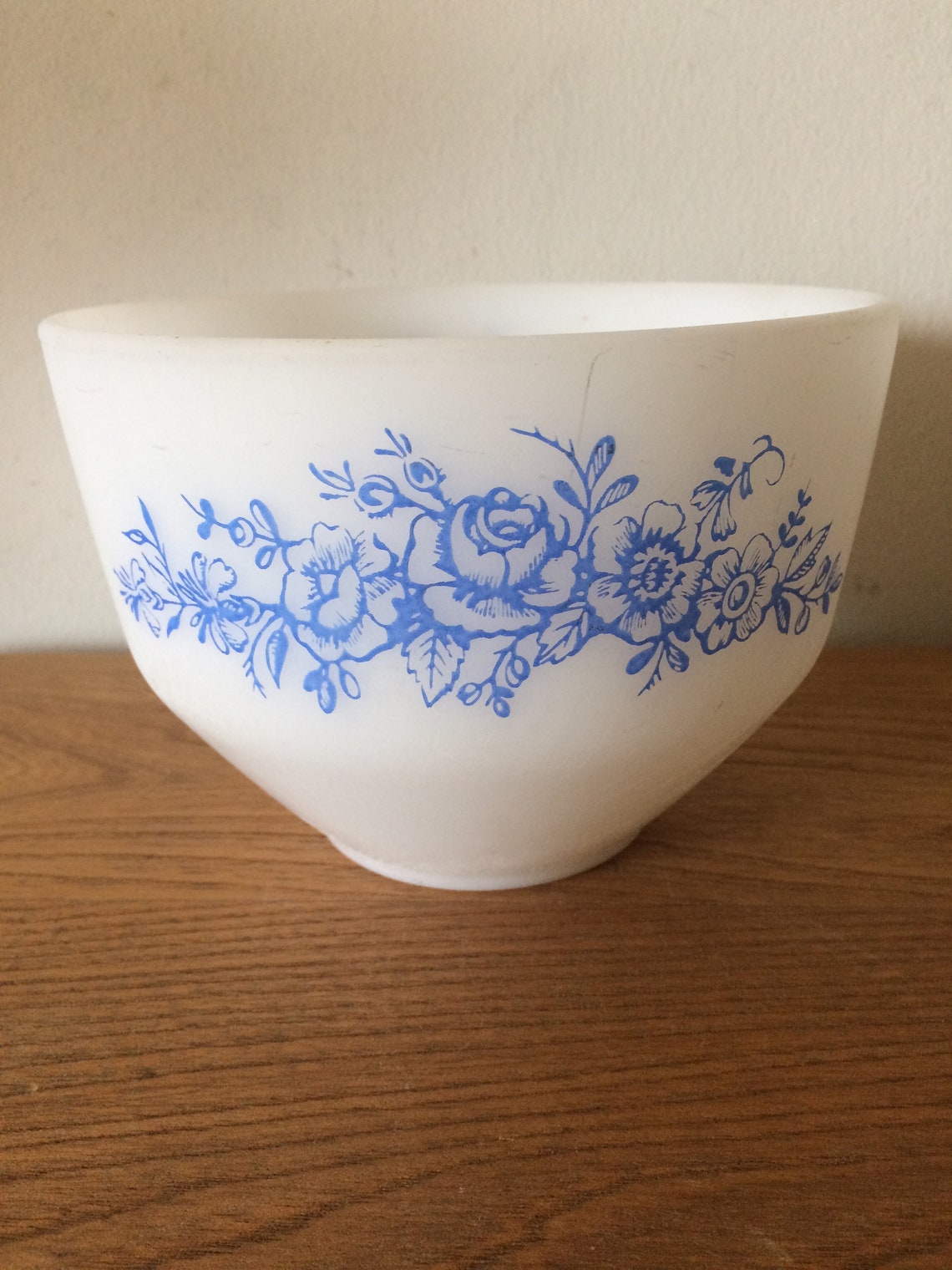 Vintage Fire King Milk Glass Pedestal Bowl With Blue Flowers Etsy