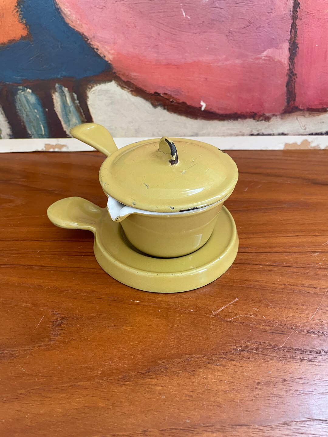Vintage Mustard Yellow Descoware Cast Iron Butter Warmer With Lid and