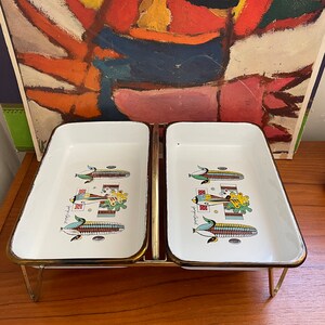 Mid Century Modern Georges Briard Indian Corn Enamel Chafing Dishes with Stand