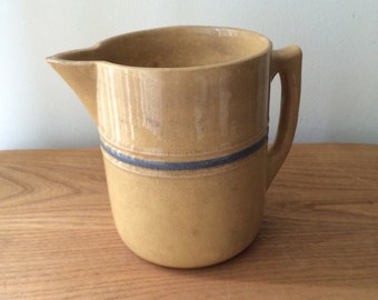 Vintage Rustic Brown Pitcher with Blue Stripe