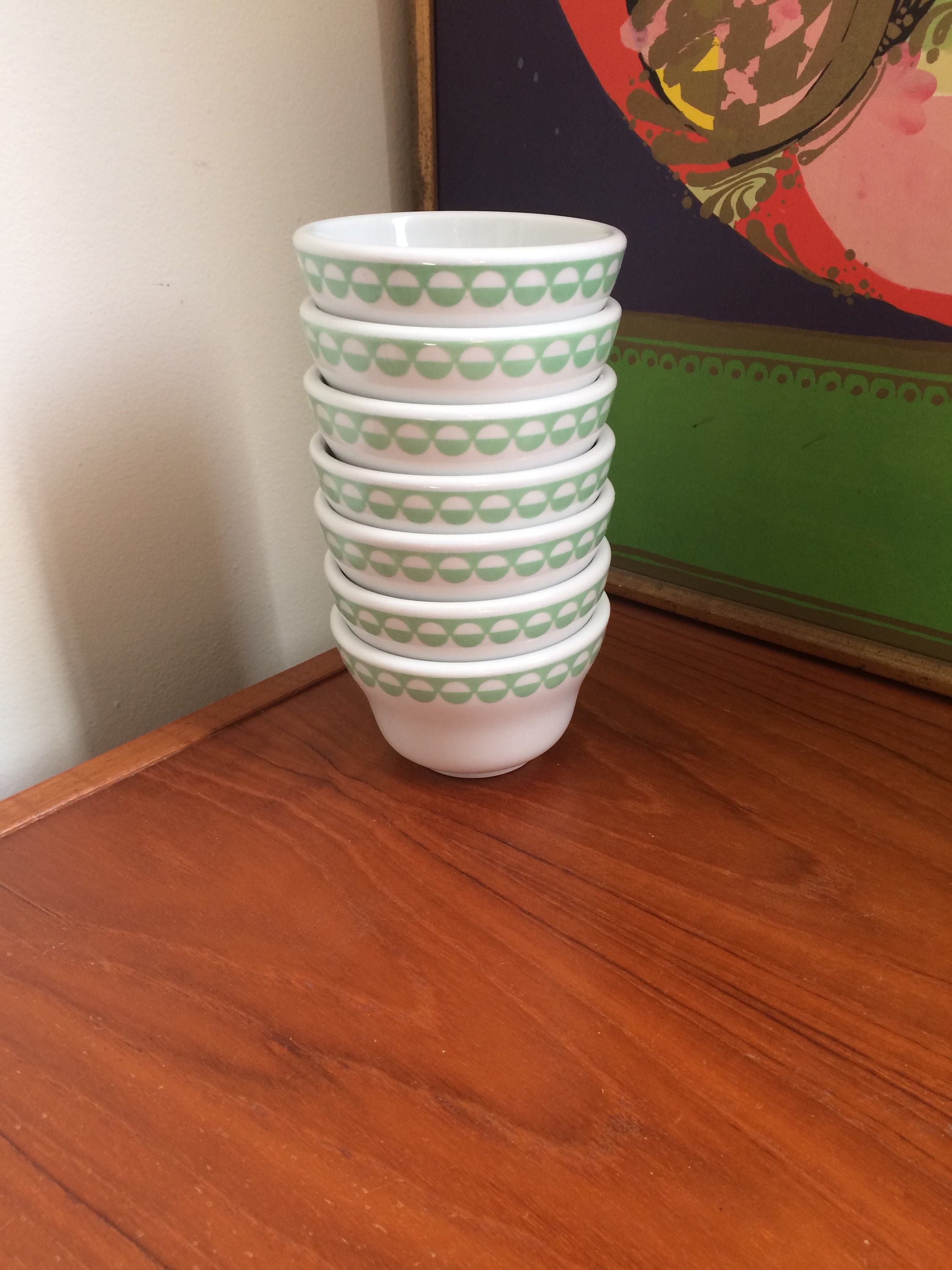 Vintage Sterling Vitrified China Cups With Green and White Circles