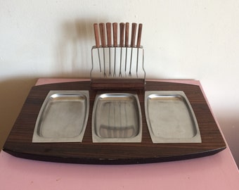 Vintage Serving Wood Tray with 3 Removable Stainless Steel Plates and 8 Forks