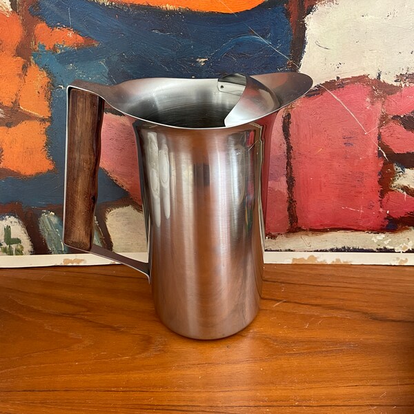 Vintage Stainless Steel Pitcher with Wood Handle