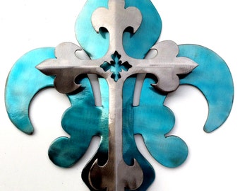 2-Part Blue & Polished Cross Fleur De Lis