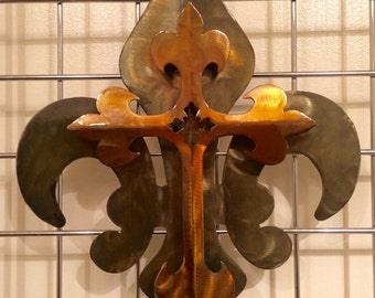 2- Part Patina & Gold Cross Fleur De Lis