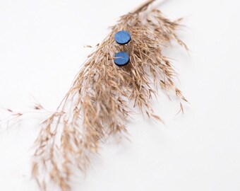 Round Twinkle birch wood eco friendly zero waste stud earrings with black, red, blue, plum and natural wood colour options