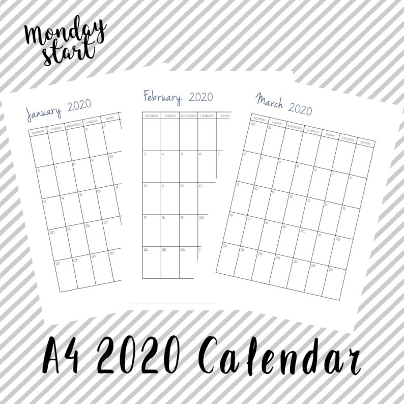 printable digital a4 2020 monthly calendar monday start etsy