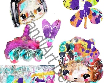 Rainbowland fairy- digital image collage, digital stamp, papercraft, a printable image, art journaling, fairy girl, collage sheet, wall art