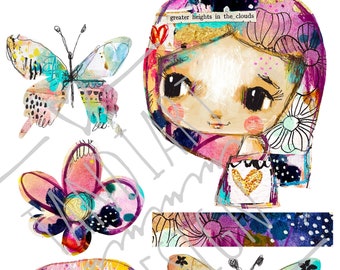 Whimsical friends 3- digital image for collage, jpg, png, papercraft, a printable image, art journaling, fairy girl, collage sheet, wall art