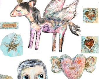 Unicorn and fairy- digital image for papercraft, a printable image, collage sheet, craft project