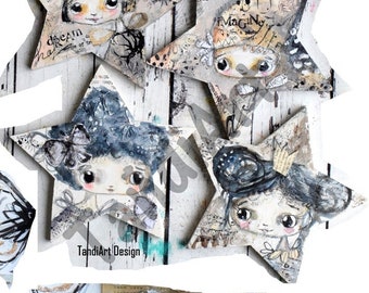 Bajo las estrellas-imagen digital, collage, decoración del hogar y papercraft, una imagen imprimible, diario de arte, chica de hadas, hoja de collage, arte de la pared