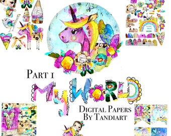 May include: Digital paper pack with a whimsical theme featuring a unicorn, flowers, and a rainbow. The title "My World" is written in colorful letters with a decorative border. The text "Digital Papers by Tandiart" is also included.