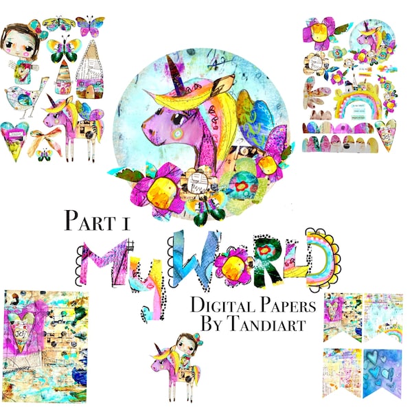 My World part 1  - A4 digital scrapbook collage sheets, printables, for downloading, digital art, card making, fairy, boho, colorful