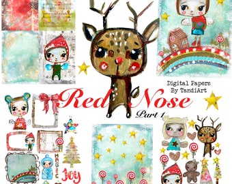 Red Nose part 1 - A4 digital collage sheets, printables, for downloading, digital, Christmas , winter, deer, fairy , Christmas crafts