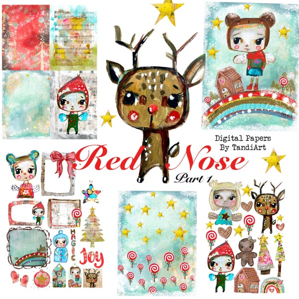 Red Nose partie 1 - Feuilles de collage numérique A4, imprimables, pour téléchargement, numérique, Noël, hiver, cerf, fée, artisanat de Noël