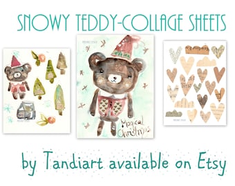 Snowy Teddy- set of digital images for papercraft, a printable image, collage sheet, craft project, digital image, hearts&birds