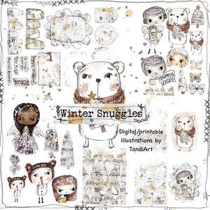 Winter Snuggles - cyfrowe arkusze kolażu A4, do druku, do pobrania, sztuka cyfrowa, tworzenie kartek, wróżka, boho, kolorowe