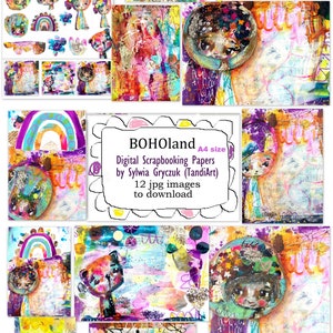 BOHOland A4 digitale Scrapbook-Kit, Collage Blätter, druckbare, zum Download, digitale Kunst, Kartenherstellung, Fee, Boho, bunt
