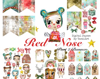 Red Nose part 2 BaNNER A4 digital collage sheets, printables, for downloading, digital, Christmas , winter, deer, fairy , Christmas crafts