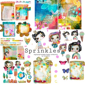Sprinkles - cyfrowe arkusze kolażu do scrapbookingu A4, do wydrukowania, do pobrania, sztuka cyfrowa, tworzenie kartek, wróżka, boho, kolorowe
