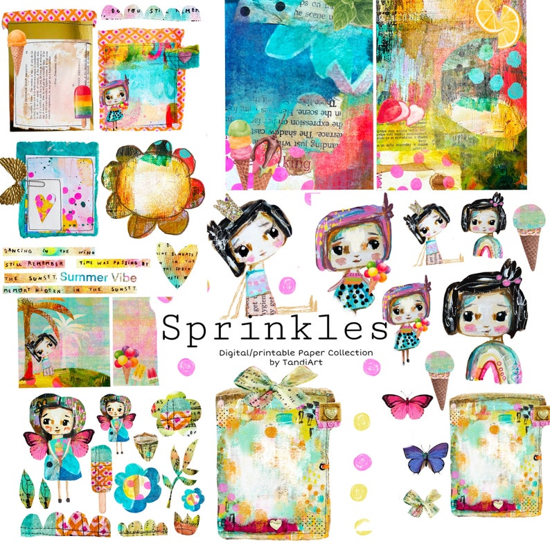 Sprinkles A4 digital scrapbook collage sheets, printables, for downloading, digital art, card making, fairy, boho, colorful image 1