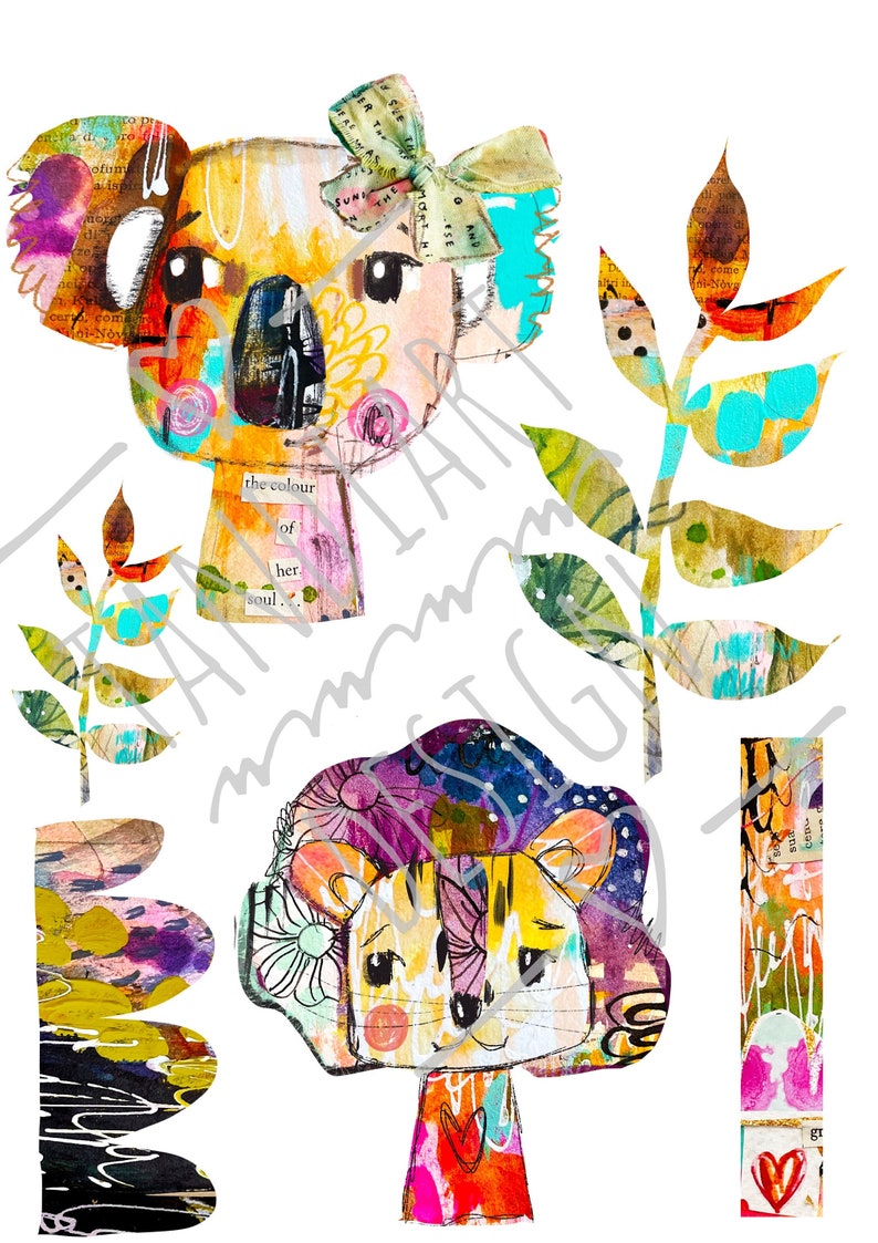 Whimsical friends digital image for collage, jpg, png, papercraft, a printable image, art journaling, fairy girl, collage sheet, wall art image 1