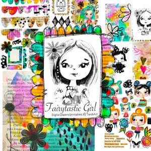 Fairytastic Girl - Feuilles de collage de scrapbook numérique A4, imprimables, à télécharger, art numérique, fabrication de cartes, fée, nounours, coloré