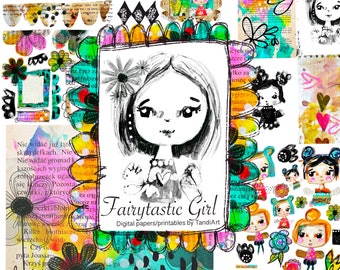 Fairytastic Girl  - A4 digital scrapbook collage sheets, printables, for downloading, digital art, card making, fairy, teddy, colorful