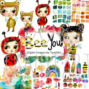 BEE you- cyfrowe arkusze kolażu A4 do scrapbookingu, do wydrukowania, do pobrania, sztuka cyfrowa, tworzenie kartek, wróżka, wiosna, kolorowe