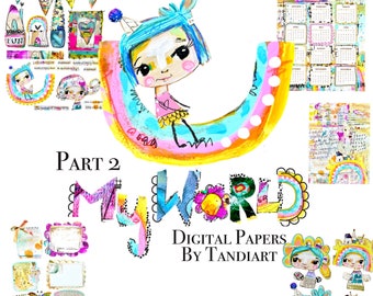 My World part 2  - A4 digital scrapbook collage sheets, printables, for downloading, digital art, card making, fairy, boho, colorful