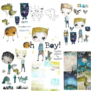 Oh Boy - A4 digital scrapbook collage sheets, printables, zum herunterladen, digitale Kunst, Kartenherstellung, Fee, boho, bunt