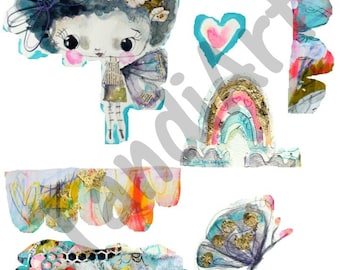 Historia del arco iris-imagen digital para collage, decoración del hogar y papercraft, una imagen imprimible, diario de arte, chica de hadas, hoja de collage, arte de la pared