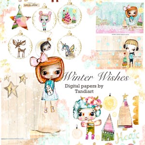 Winter Wishes 1 - A4 cyfrowe arkusze kolażu, do druku, do pobrania, cyfrowe, Boże Narodzenie, zima, jeleń, wróżka, rzemiosło bożonarodzeniowe