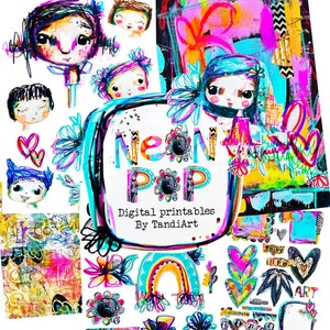 Neon Pop - Feuilles de collage de scrapbook numérique A4, imprimables, à télécharger, art numérique, fabrication de cartes, fée, boho, coloré