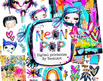 Neon Pop   - A4 digital scrapbook collage sheets, printables, for downloading, digital art, card making, fairy, boho, colorful