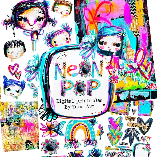 Neon Pop - A4 digitales Scrapbook Collage Blätter, Printables, zum Herunterladen, digitale Kunst, Karten machen, Fee, boho, bunt