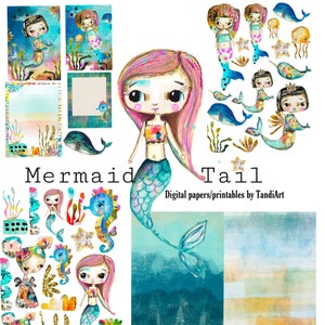 Mermaid Tail- Feuilles de collage d’albums numériques A4, imprimables, à télécharger, art numérique, fabrication de cartes, fée, boho, coloré