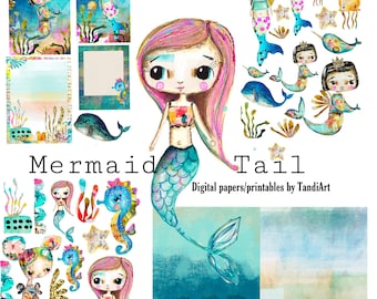 Mermaid Tail- A4 digital scrapbook collage sheets, printables, for downloading, digital art, card making, fairy, boho, colorful
